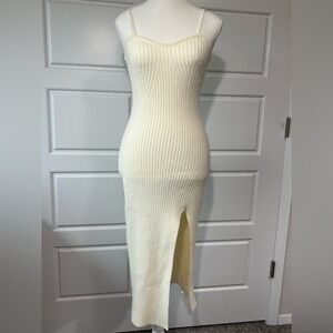 NWOT Cider Cream Knit Bodycon‎ Midi Spaghetti Strap Pencil Dress w Slit ONLY